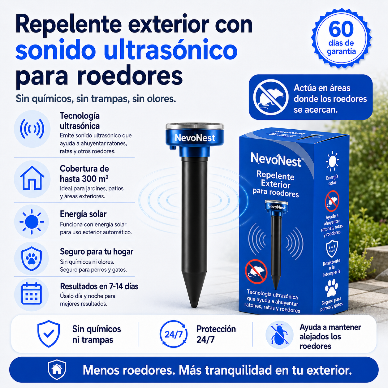 NevoNest™ Repelente Ultrasónico Outdoor – Ahuyenta Ratones, Ratas y Roedores