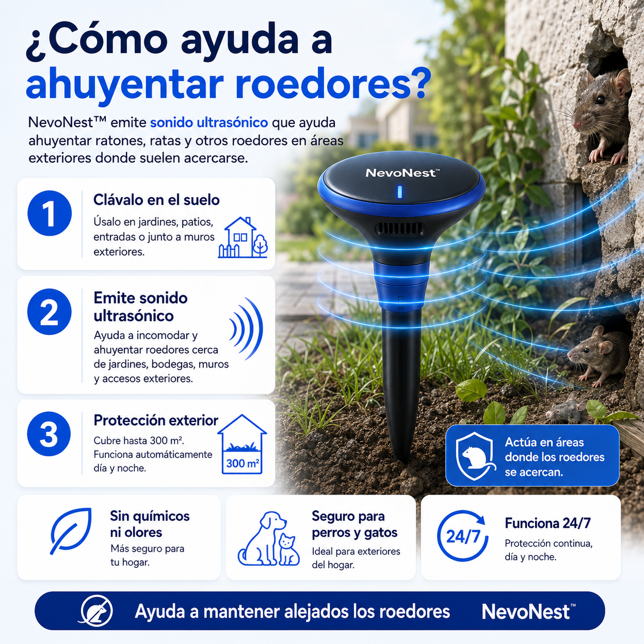 NevoNest™ Repelente Ultrasónico Outdoor – Ahuyenta Ratones, Ratas y Roedores