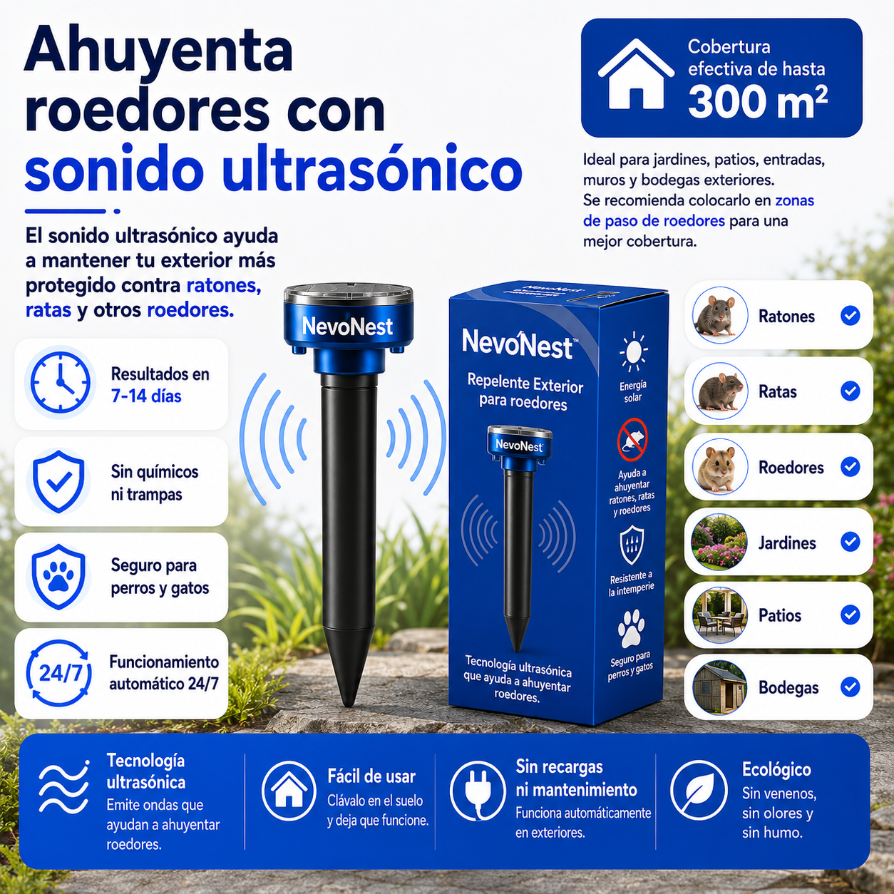 NevoNest™ Repelente Ultrasónico Outdoor – Ahuyenta Ratones, Ratas y Roedores